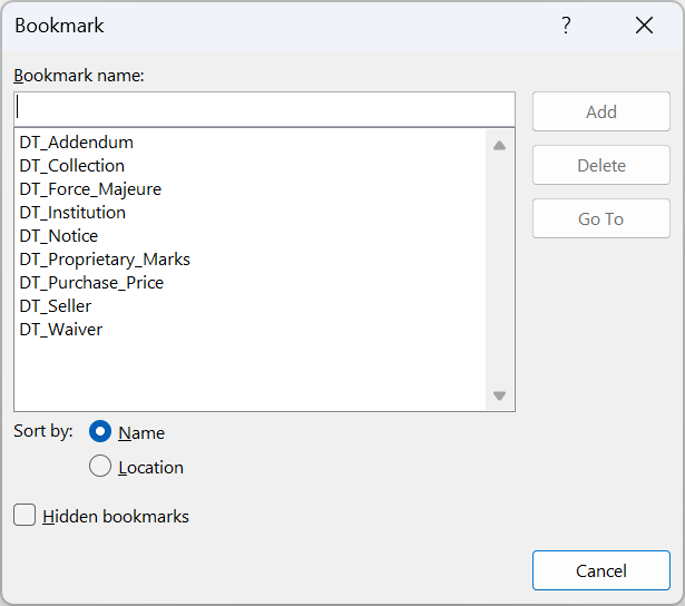 Microsoft Word's Bookmark dialog box